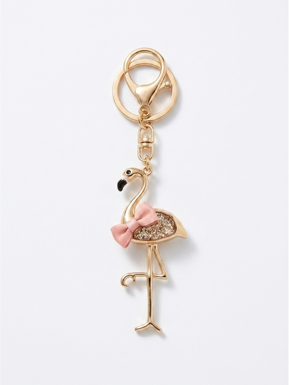 Gold Tone Flamingo Keychain Purse Charm Glitter Pink Bow 5.25" Bag Accessory